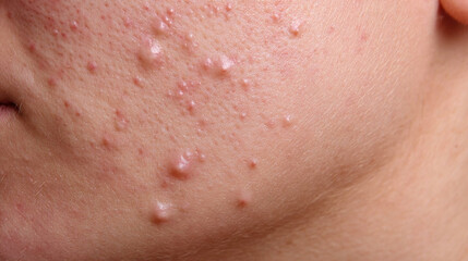 Fototapeta premium Close-up of a teenager's face with acne and rash