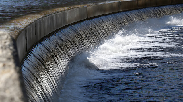 Water Cascading Over a Curved Concrete Weir, Creating a Foamy and Dynamic Flow in Natural Outdoor Environment with Bright Sunlight