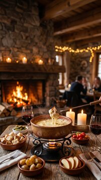 Cozy winter evening with cheese fondue by the fireplace and red wine