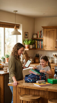 Mother and daughter preparing school backpack in kitchen morning routine