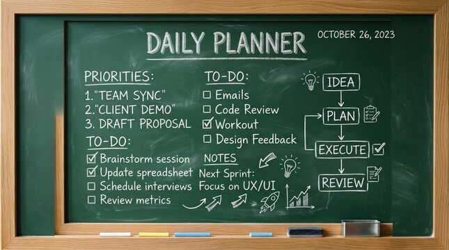 Chalkboard daily planner with organized tasks and notes for efficient workflow and creative planning on clean green surface