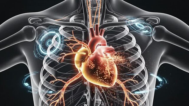 Detailed Digital Heart Anatomy Illustration Enclosed in Human Chest Anatomy with Circulatory System Vessels on Dark Medical Background