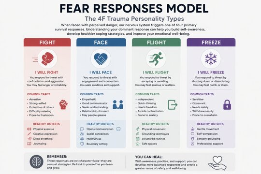 Fear response model infographic showing the four trauma personality types fight face flight and freeze. Educational chart for psychology and mental health awareness with survival strategies