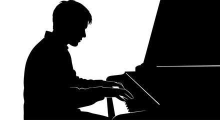 Silhouette of a man playing grand piano, black and white, close-up on hands © edna