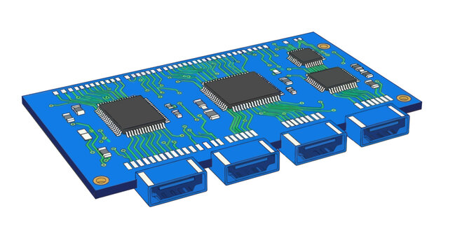 Blue circuit board with multiple ports and integrated circuits, technology concept