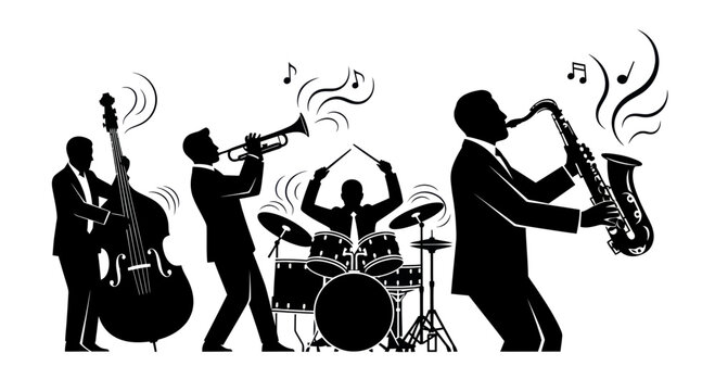 Jazz Band Silhouette: Saxophone, Trumpet, Double Bass, Drums, Musicians Playing Music