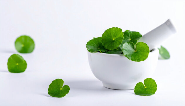 Fresh green centella asiatica leaves in a white mortar with pestle isolated on background. Gotu kola or cica plant herbs for organic skincare cosmetics, traditional medicine, and pharmacy concepts.