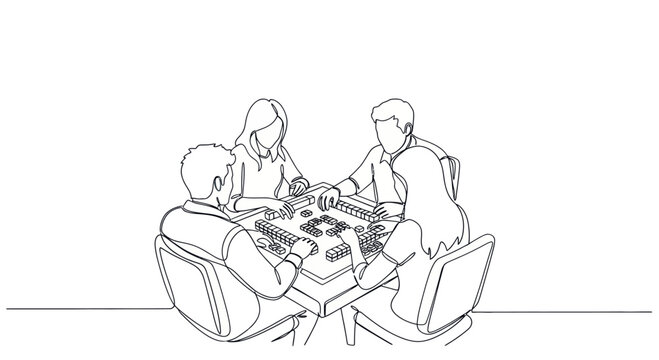 Friends playing Mahjong game at table, line art illustration