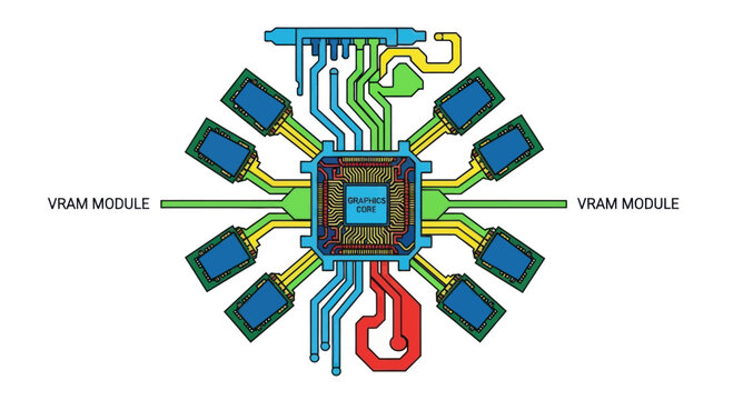 Central processing unit with VRAM modules, abstract circuit board schematic