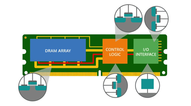 Diagram of a DRAM module showing key components and magnified views
