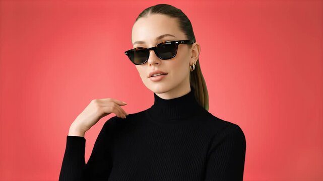 A stylish close-up portrait of a chic young Caucasian woman with fair skin looking confidently towards the camera while wearing dark sunglasses. Her hair is sleekly pulled back, and she is dressed in 