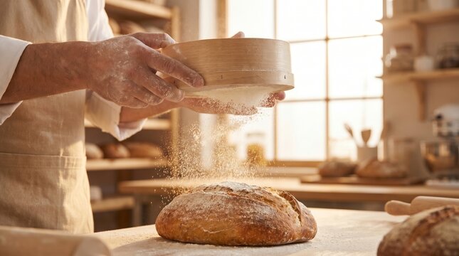 Baker dusting flour over fresh bread. Man chef sifting ingredient onto homemade loaf in bakery kitchen. Professional culinary process for baking
