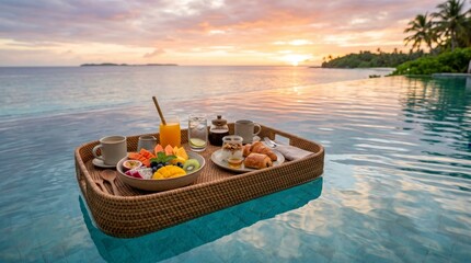 Obraz premium Floating breakfast tray served in infinity pool during sunset at tropical resort. Luxury travel vacation breakfast with fresh exotic fruit, pastry and coffee with ocean view at Maldives beach villa