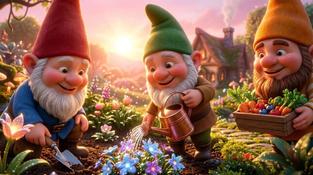 Gnomes working in a magical garden. Characters planting flowers and harvesting vegetables in a sunset meadow. Fantasy illustration of little garden dwarfs caring for nature and farming outdoors
