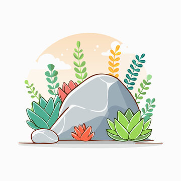 Stylized Rock and Succulent Plants Illustration
