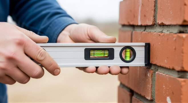 Closeup of a construction worker using a spirit level tool to check the vertical alignment of a newly built brick wall