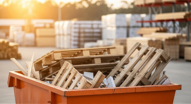 Wooden shipping pallets discarded in an orange industrial dumpster at a lumber yard or construction site during sunset