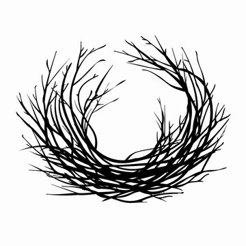 Hand-drawn rustic bird nest made from tangled bare branches, monochrome black and white vector illustration on white.