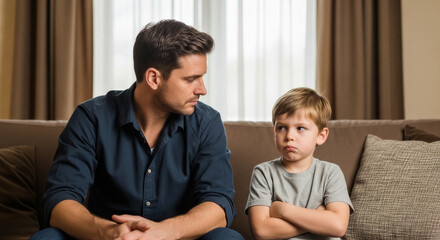 Obraz premium Father and son sitting on a sofa, having a serious conversation, the boy looks upset and has his arms crossed