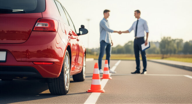 Driving instructor shaking hands with a student after a successful driving test on a sunny day at the training ground