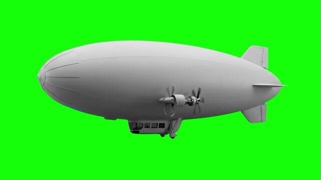 A close-up side profile view of a white modern passenger blimp airship flying forward with its dual propellers spinning. This realistic 3D aviation asset is isolated on a bright green chroma key scree