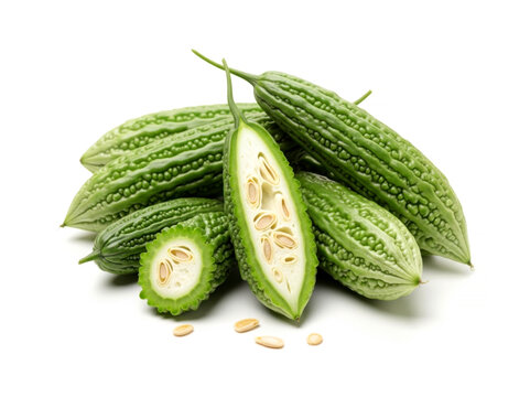 Fresh raw green bitter gourd melon vegetable isolated on white background for healthy organic Asian cooking