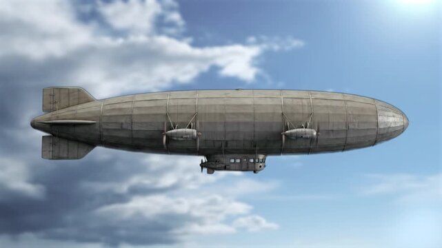 A side view of a realistic grey vintage zeppelin airship flying through a cloudy blue sky. This animated transport loop is designed for cinematic historical films, simulation games, and video backgrou