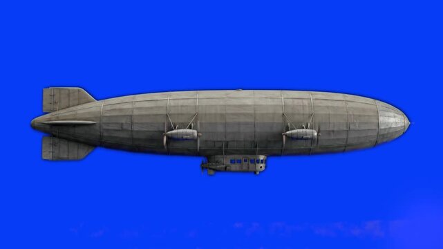 A large grey vintage zeppelin airship flying forward in a side profile view. This 3D animated dirigible asset is isolated on a chroma key backdrop for historical and dieselpunk video compositing.