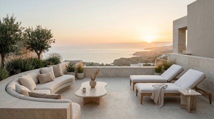 Fototapeta premium Luxury rooftop terrace with sea view at sunset. Outdoor lounge area with comfortable sofa and sunbed. Modern minimalist architecture for vacation