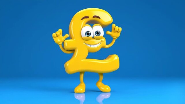 A shiny gold 3D animated pound sterling sign character waves its hands and dances cheerfully on a bright blue studio background.