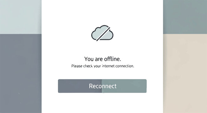 A computer screen displays an offline error message with a cloud icon and a reconnect button on a colorful background.