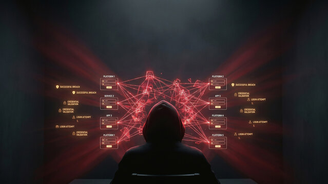 Hooded silhouette before radiant glowing credential stuffing platform grid with sparkling successful breach alerts cyber visualization Perfect for advertising presentation background cybersecurity