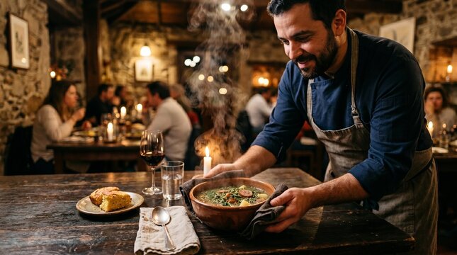 Chef serving steaming hot soup in rustic restaurant with diners in background