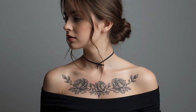 A woman with dark hair in a bun wearing a black off-shoulder top and a choker, showing a large floral tattoo on her upper back
