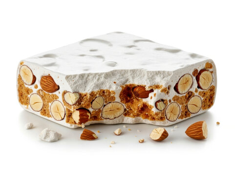Broken piece of traditional Italian sweet torrone white nougat with nuts isolated on white background for holiday