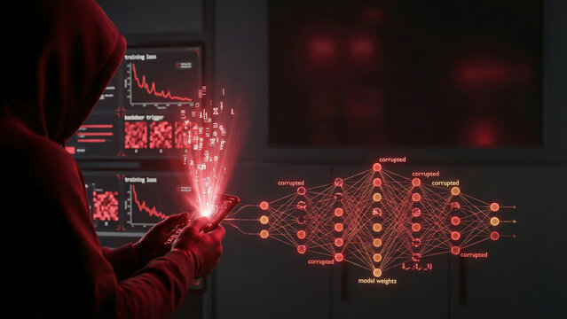 Red hooded silhouette holding glowing smartphone projecting radiant corrupted neural network with sparkling backdoor trigger alert Perfect for advertising presentation background cybersecurity