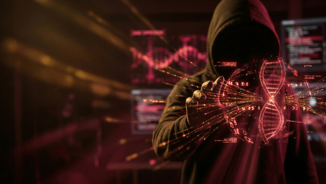 Hooded silhouette with hand gesture before glowing radiant DNA helix and sparkling biotech data hologram cyber innovation scene Perfect for advertising presentation background cybersecurity