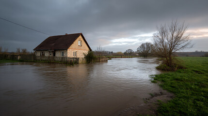 Obraz premium Rural Home Submerged by Flood Waters Under a Dramatic, Overcast Sky, Showcasing Climate Change Impact and Natural Disaster
