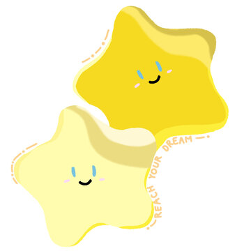 Cute Kawaii Yellow Star Characters with Sleepy Face and Reach Your Dream Quote on White Background