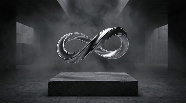 Metallic infinity symbol hovering above stone pedestal in dark room. Concept of eternity and infinite cycle in modern minimal
