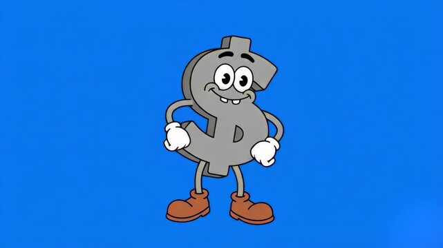 A stylized 2D cartoon dollar sign character in a grey color palette dancing cheerfully. The loopable vector animation is rendered on a keyable blue background, ideal for business promos and financial 