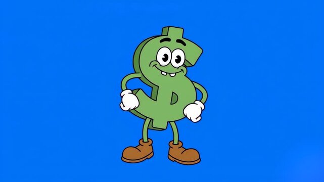 A funny 2D animated green dollar currency symbol character with a face and gloves dancing happily. This vector style financial asset is isolated on a chroma key blue screen for easy video editing.