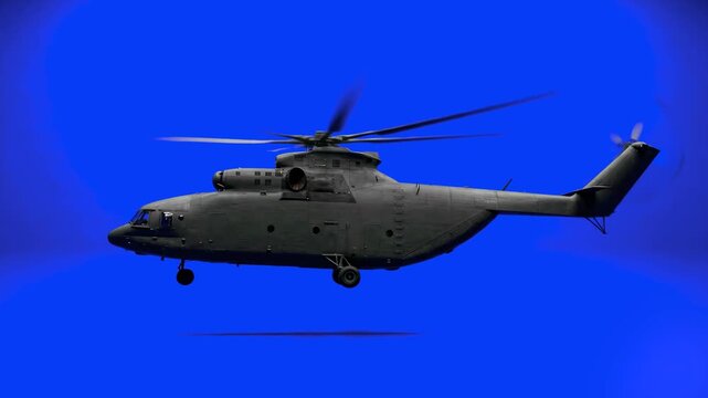 A massive grey military utility and transport helicopter flying forward in a steady horizontal line. This 3D animated aviation asset on a keyable blue background is ideal for logistics, deployment, an