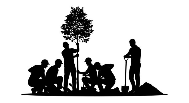 Silhouetted group planting a tree symbolizing growth and community