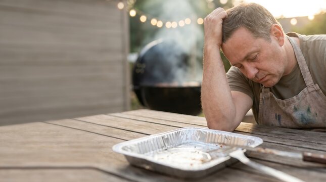 Exhausted middle aged Caucasian man feeling stressed while grilling food outdoors at a backyard barbecue party