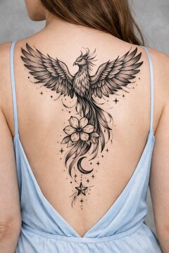 An intricate black and grey tattoo on the upper back featuring a spreading phoenix, a flower, a crescent moon, and small stars