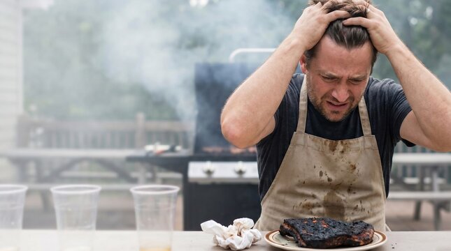 Frustrated man looking at burnt ribs at a backyard barbecue grill disaster