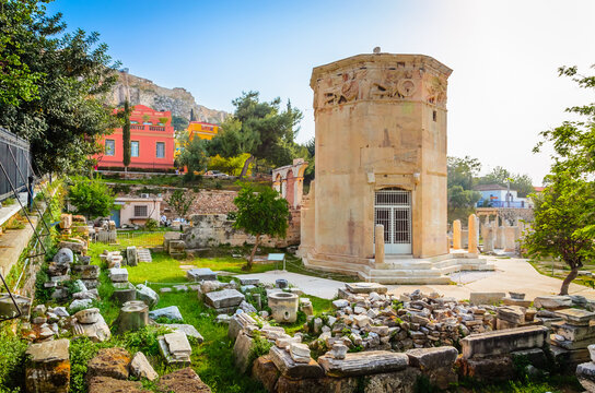 Beautiful Roman Agora and Tower of the Winds in Plaka District, Athens, Greece.
