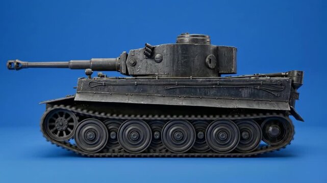 A detailed side profile view of a legendary historical German heavy tank from World War II driving forward. This realistic 3D military asset features aged dark metal armor and rolling tracks isolated 