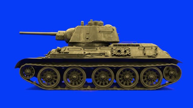A detailed model of the legendary T-34 medium tank is isolated against a blue background, showcasing its historical armor design and turret. This asset is ideal for projects related to military histor
